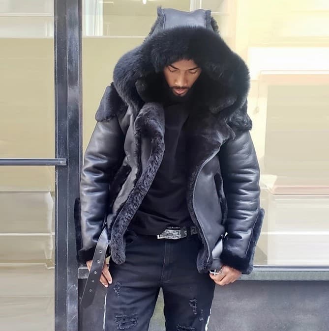 Upgraded Thick Wish Men's PU Leather and Fur Blend European/American Overcoat Hooded Men's Outerwear Winter Weight 1.35kg 6513
