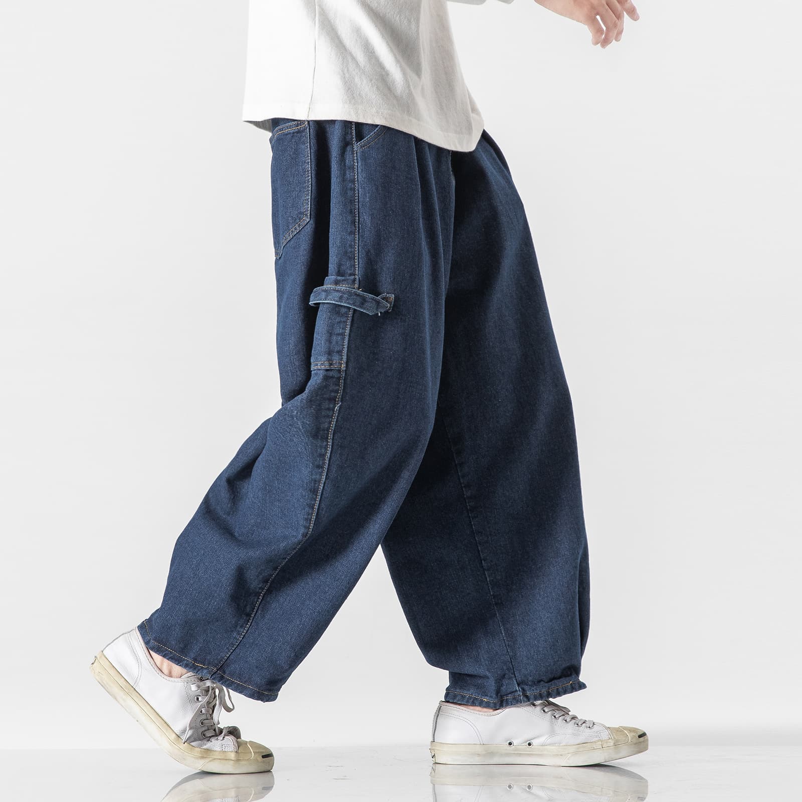 Autumn Winter Men's Large Size Casual Jeans Workwear Wide Leg Straight Cut Pants Harajuku Style Floor Length Trousers