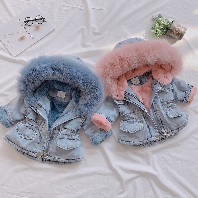Girls Denim Jacket Autumn Winter Thickened Fleece Lined Baby Windbreaker Hooded Fur Collar Warm Puffer Coat