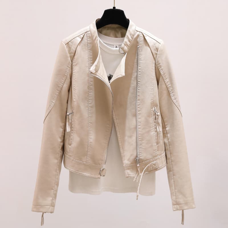 2026 Spring/Autumn New Motorcycle PU Leather Jacket Women's Simple Short Korean Slim Stand Collar Leather Coat