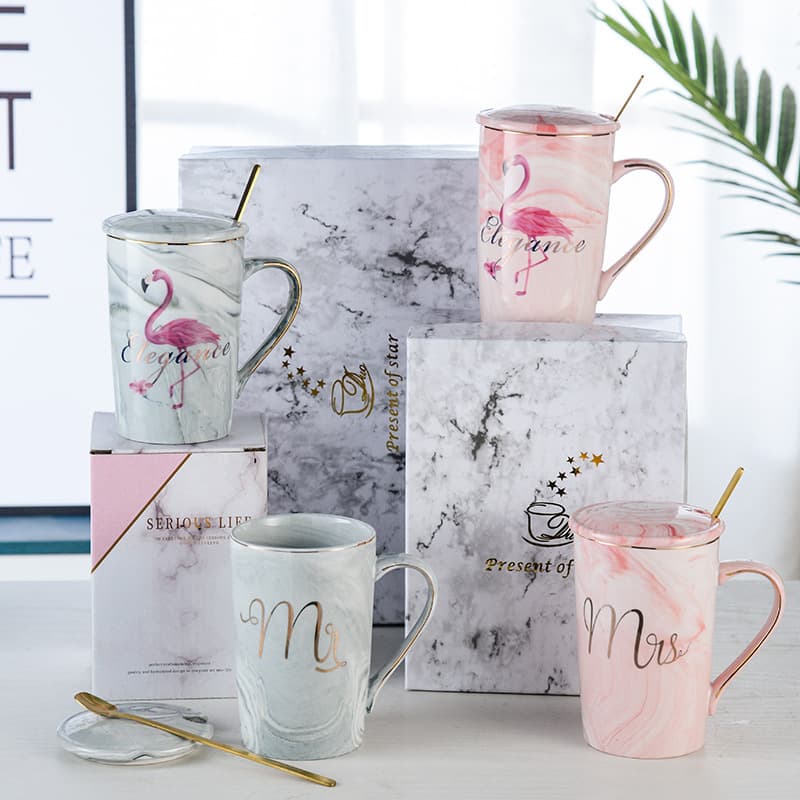 Amazon cross-border marble pattern ceramic mug with lid and spoon, European-style coffee cup, custom logo, luxury