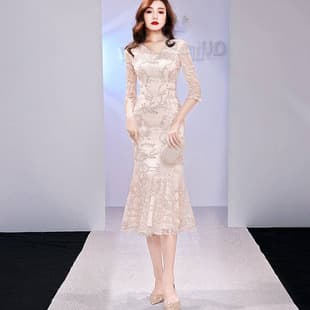 New Banquet Evening Gown for Women Elegant Mermaid Mid-Length Host Sexy Mini Dress Performance Gown