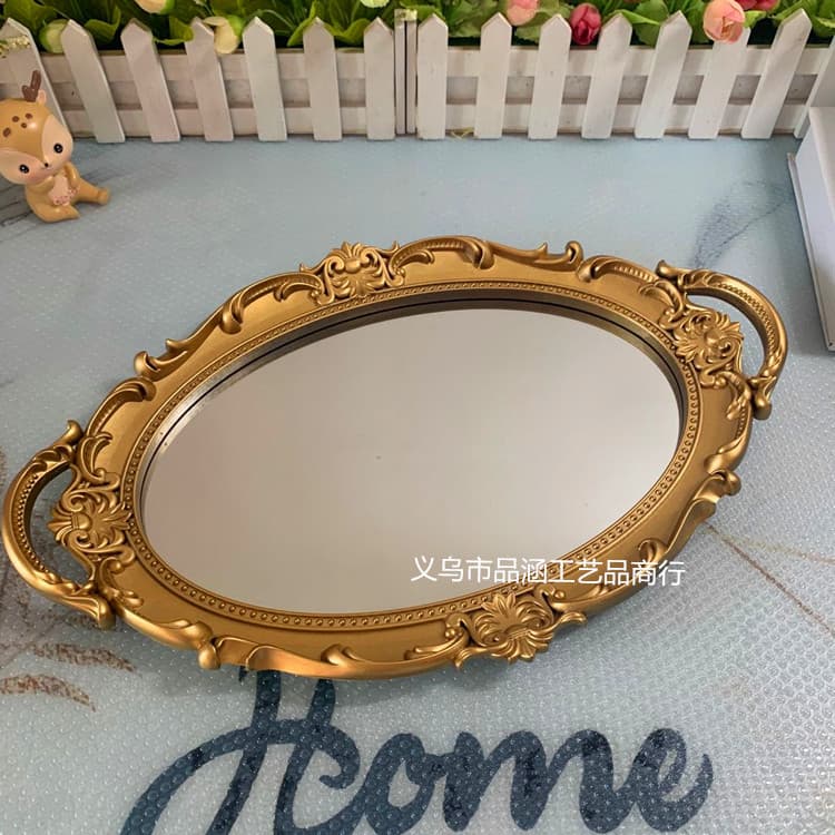Factory Supply Fruit Mirror Tray with Gold Brush for Jewelry, Perfume, Cosmetic, and Accessory Storage, Cross-Border