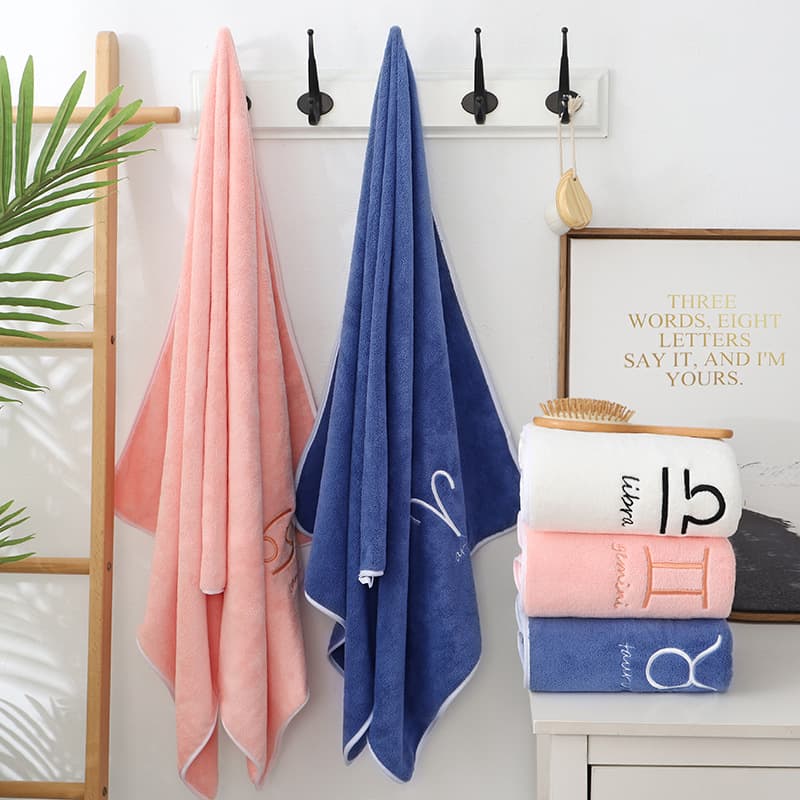 Coral Fleece Zodiac Bath Towel Embroidered Couples Shower Towel Soft Absorbent Non-Shedding Pink Blue White Available for Drop Shipping