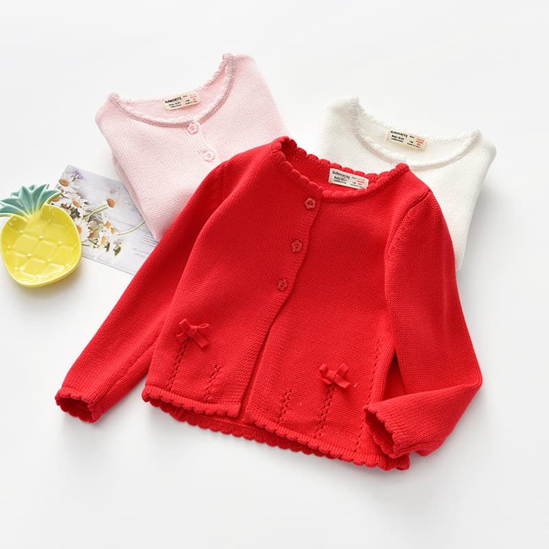 Spring and Autumn New Thick Needle Cotton Girls Knitted Sweater Baby Sweater Bow Cardigan One Piece Dropshipping