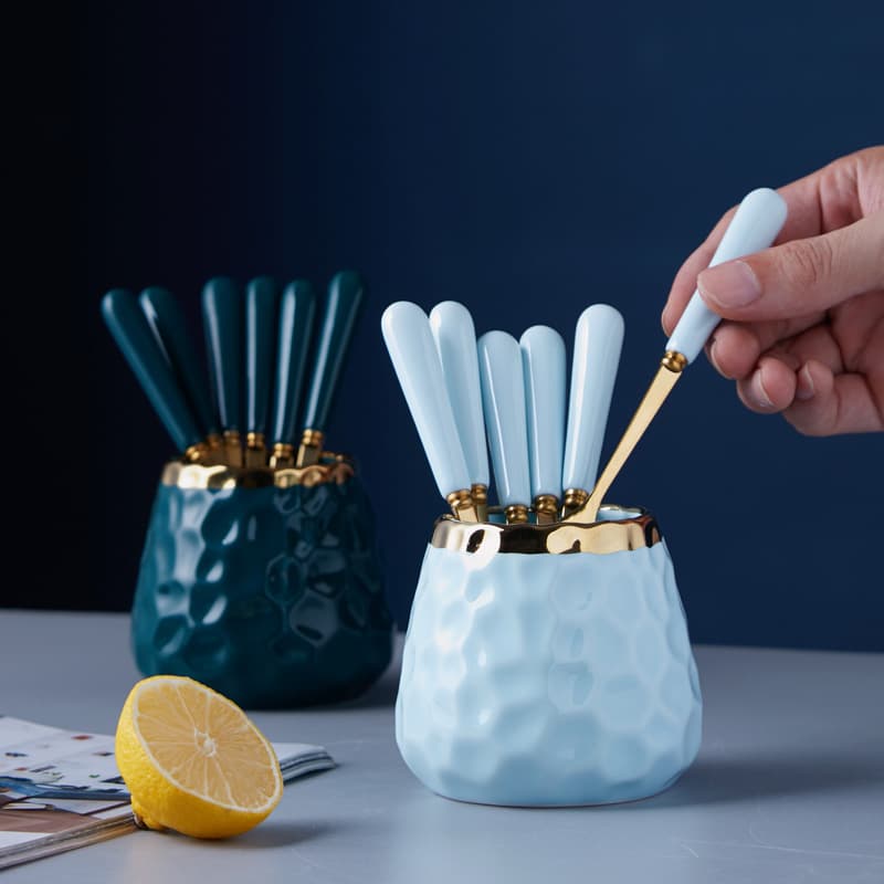 Premium Fruit Fork Spoon Hammered Ceramic Storage Jar Set, Household Stainless Steel Fruit Picks Dessert Forks Wholesale