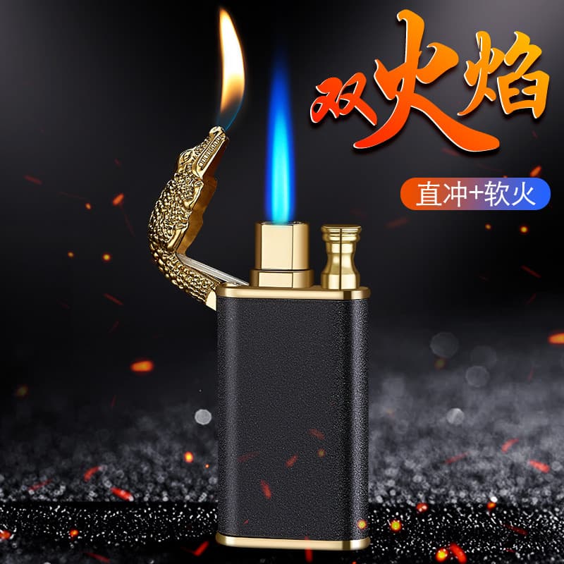 Viral Novel Crocodile Dual Flame Jet + Soft Flame Refillable Windproof Lighter Creative Design