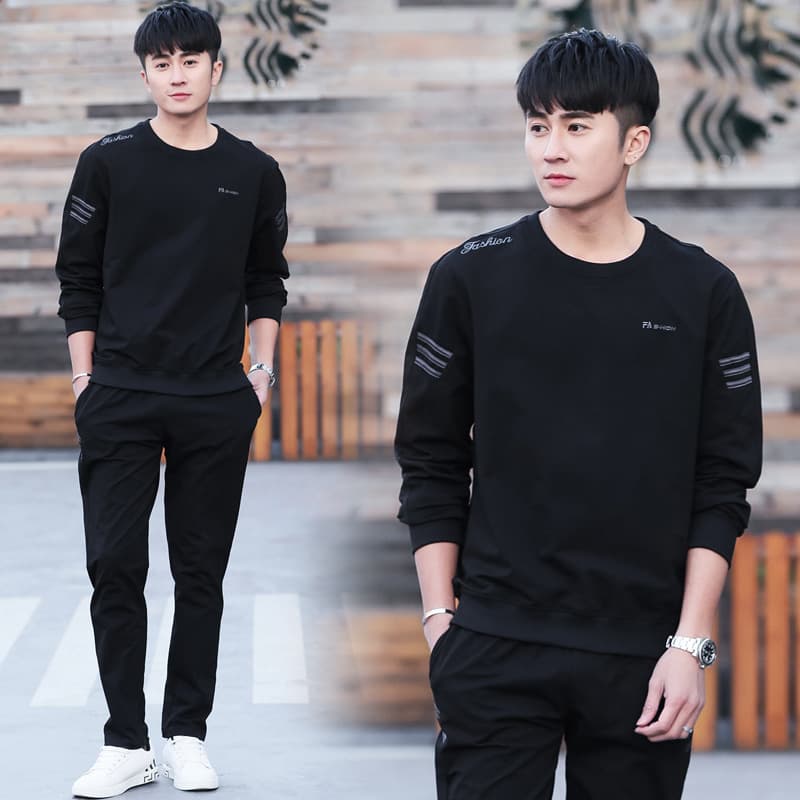 Men's sweatshirt set, spring/autumn 2021 new large size casual sport two-piece round neck loose embroidered trendy brand.