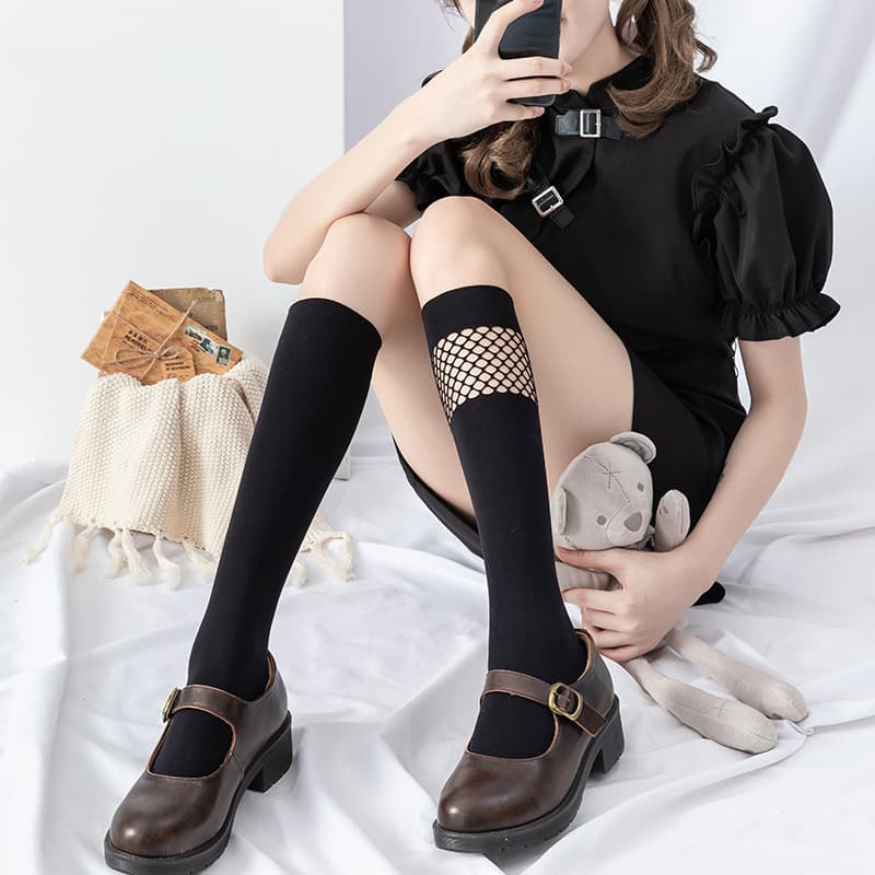 Mesh Velvet Calf Socks One-Piece Stitching Socks Trendy JK Dark Style Ins Black Personality Mid-Calf Socks
