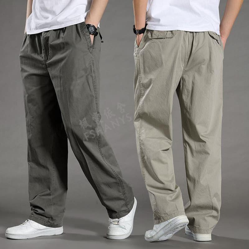 Spring-Autumn Thin Men's Casual Pants, Plus-Size Utility Pants, Plus-Size Loose Middle-Aged Men's Long Pants, Pure Cotton Straight-Leg Elastic Waistband