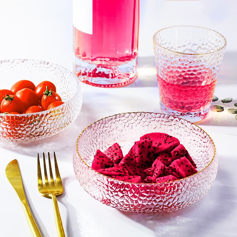 Home Gold Rim Glass Salad Bowl Rice Bowl Soup Bowl Fruit Plate Creative Dessert Tableware Transparent Texture Household Essential