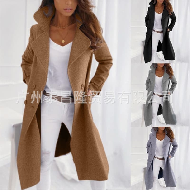 European and American Foreign Trade Amazon Women's Autumn/Winter New Solid Color Lapel Mid-Length Wool Trench Coat Outerwear