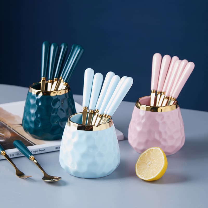 Premium Fruit Fork and Spoon Hammered Ceramic Storage Jar Set Household Stainless Steel Fruit Picks Dessert Forks Wholesale