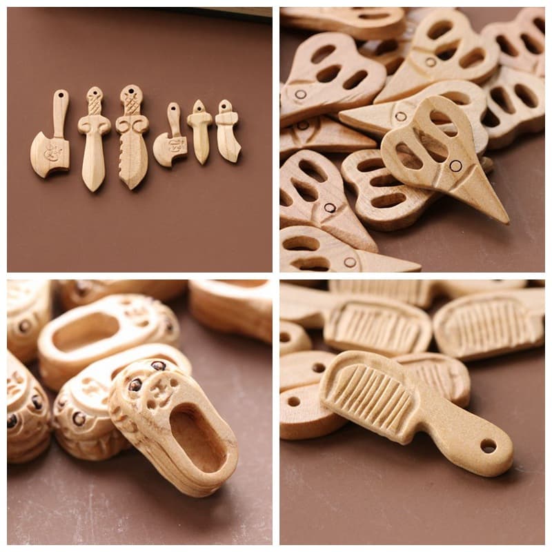 Light-colored peach wood carving sword, knife, axe, small scissors, tiger-head shoes, comb accessories with beads, wooden broom manufacturer wholesale