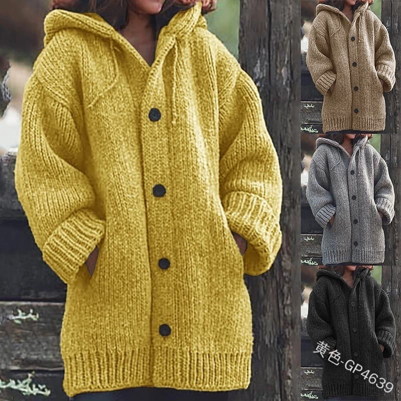 In Stock Women's Sweater for eBay Amazon Wish Mid-Length Solid Color Button Cardigan with Hood