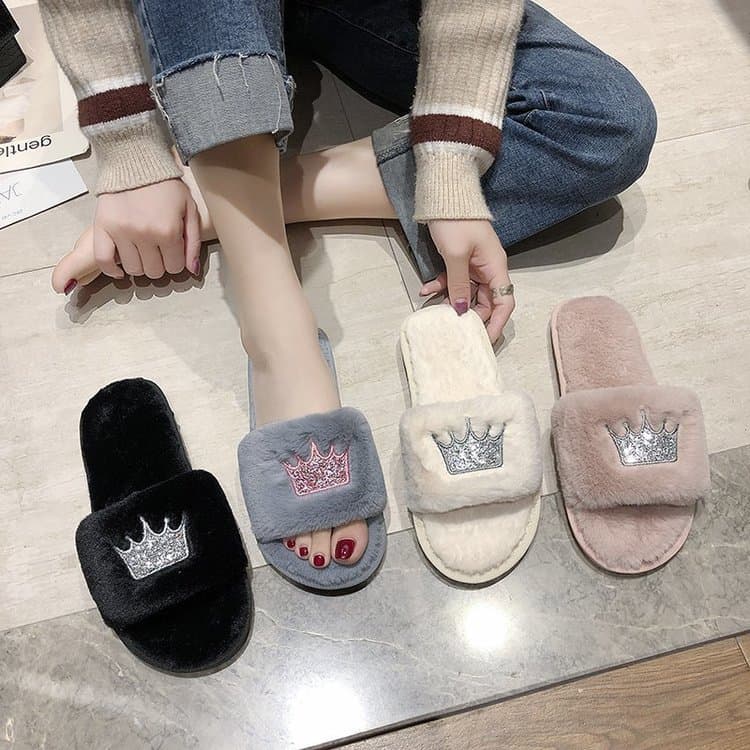 Women's Fuzzy Slippers Autumn Winter New Indoor Outdoor Slide Cotton Slippers Flat Crown Warm Casual Shoes Wholesale