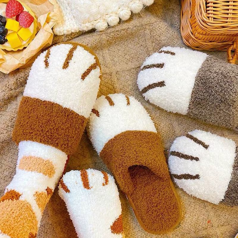 New Cotton Slippers Women Home Cartoon Cute Cat Paw Plush Fuzzy Shoes Couple Warm Indoor Soft Sole Slippers Men