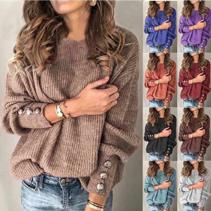 2025 Amazon, Wish, European and American cross-border best-selling women's long-sleeved round neck button-down knit top/T-shirt