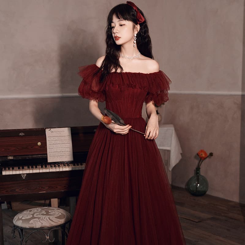 Cross-border wholesale burgundy bridal toast dress 2026 wedding dress long one-shoulder slim pregnant woman toast dress