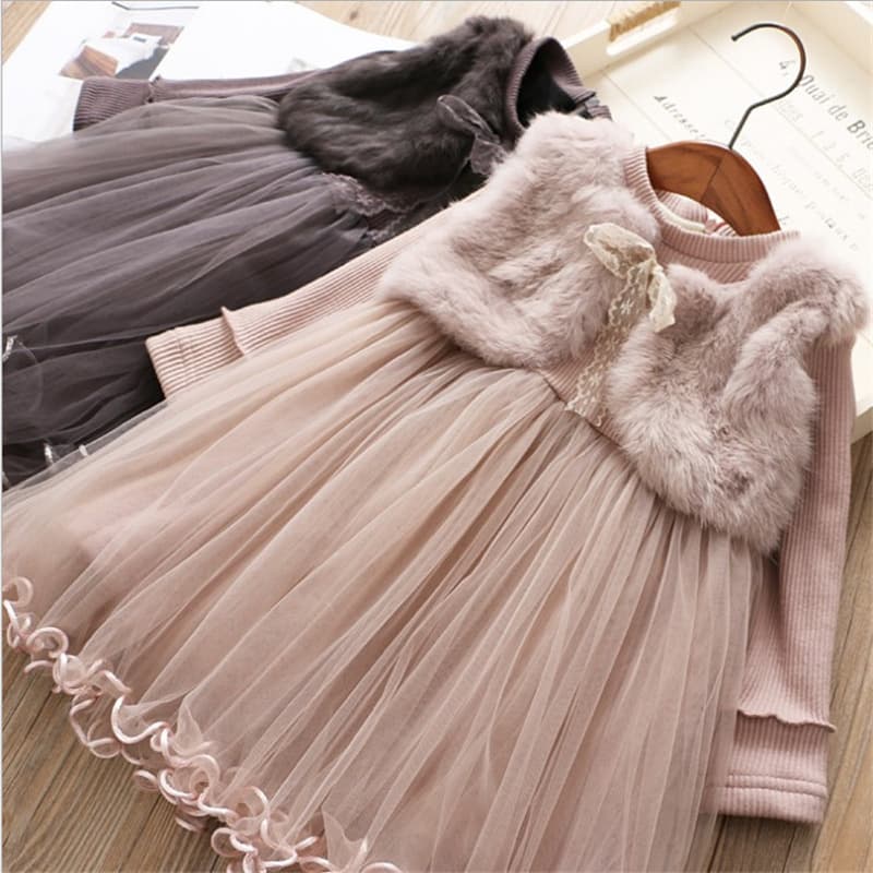 2020 New Korean Style Girls Faux Mohair Winter Dress, Trendy and Fashionable, Fleece-Lined Warm Princess Dress