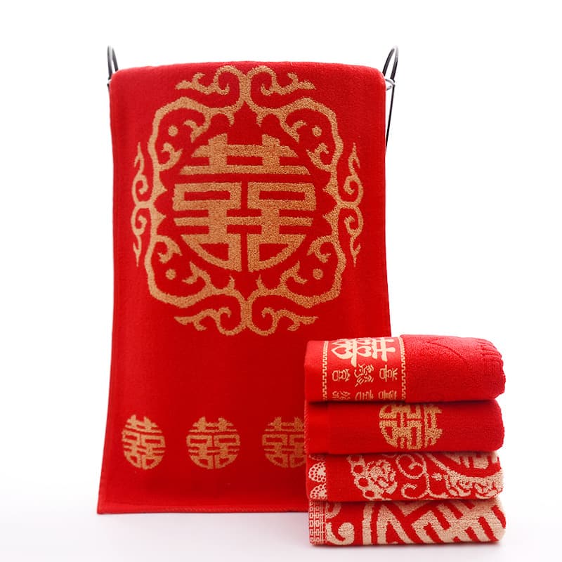 Wedding Red Towels, Cotton Ply Yarn Double Happiness Towels, Thick Absorbent for Wedding Returns and Souvenirs
