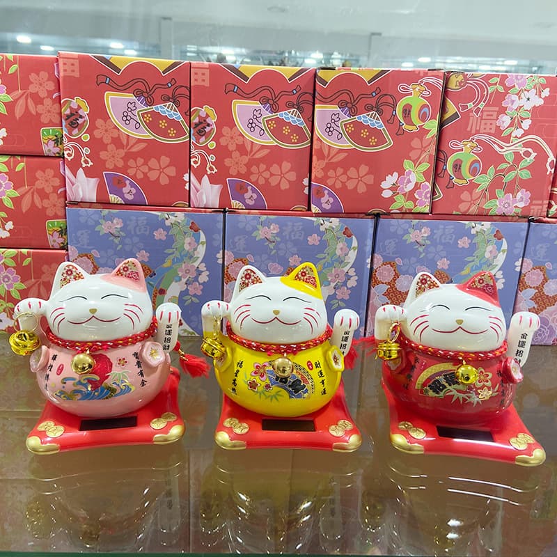Solar-Powered Waving Lucky Cat Statue, Gift for Friends' Housewarming or Shop Opening, Ceramic Store Present