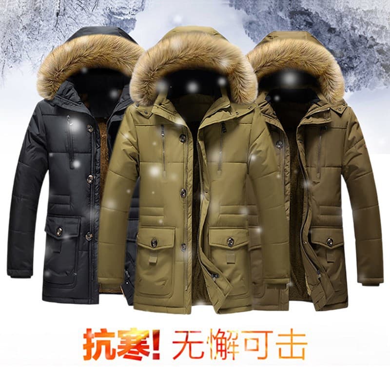 Men's Fleece-Lined Cotton Jacket Cross-Border Winter Plus Size Men's Cotton Coat Mid-Length Cotton Padded Jacket Wholesale Single Item Drop Shipping
