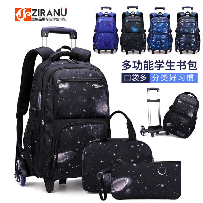 Natural Fish Middle School Student Three-Piece Rolling Backpack Set, Stair-Climbing Large Capacity Japanese-Korean Style Multi-Layer Breathable Backpack