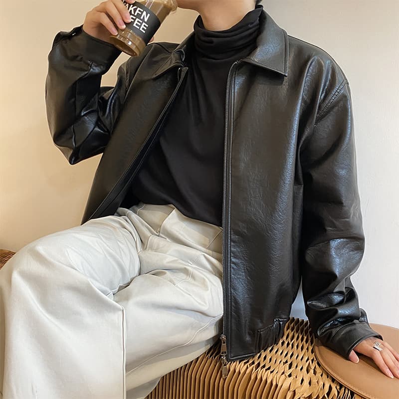 Boyfriend style short leather jacket Korean handsome motorcycle jacket coat pu leather temperament top trendy