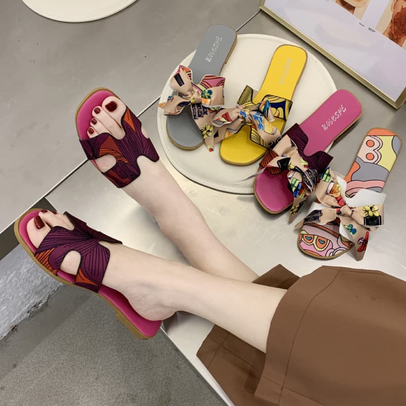 2025 Summer Adult Solid Color Slip-On Daily Wear Export Korean Style Pointed Toe Red Bow Flat One-Strap