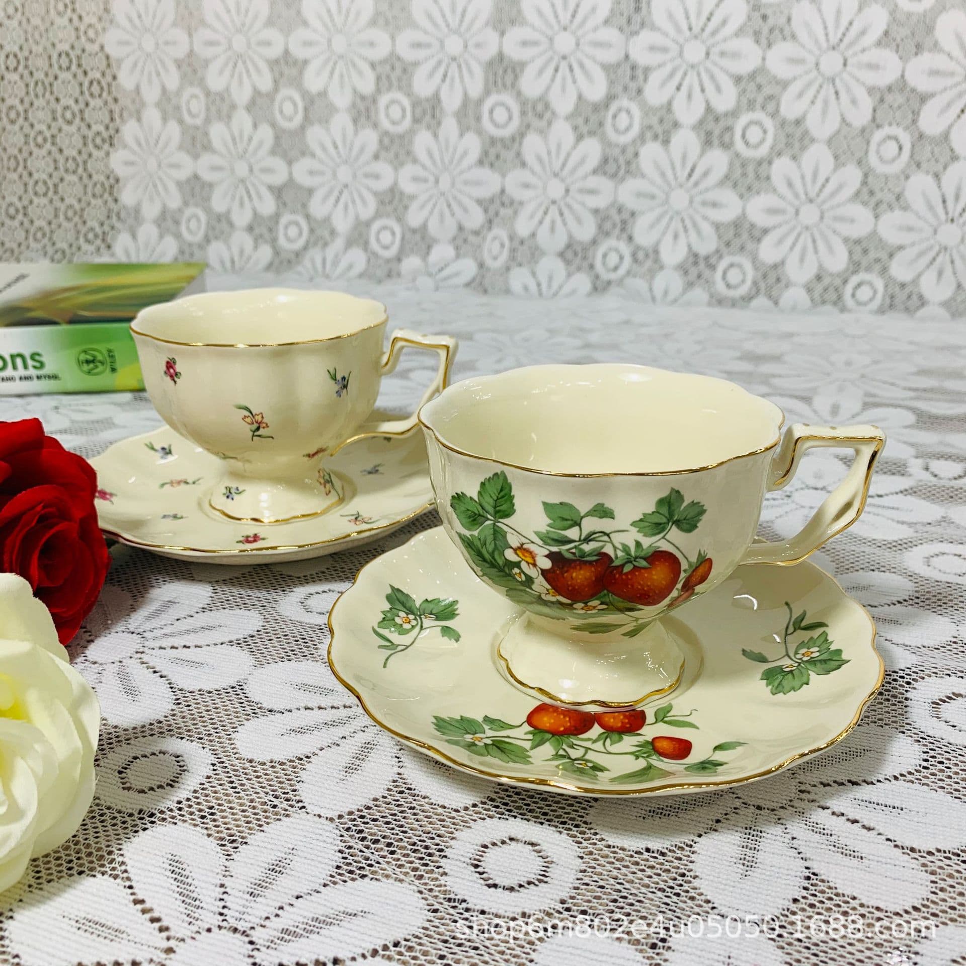 Vintage Cream Gold Rim Green Edge Wild Strawberry Floral Afternoon Tea Ceramic Coffee Cup and Saucer Set