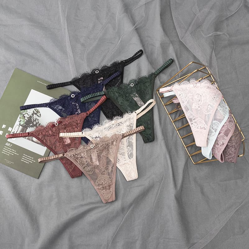 Cross-Border Foreign Trade Lace T-Back Thin Strap Hollow-Out Seductive Panties, Erotic Cotton Gusset Low-Waist Thong for Women, Transparent Sexy