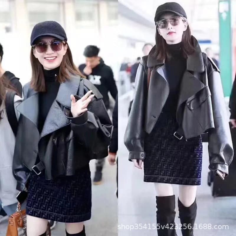 Jiang Shuying Same Style Spring New Leather Jacket Women Short Coat Faux Sheepskin Loose Motorcycle Jacket Cross-border