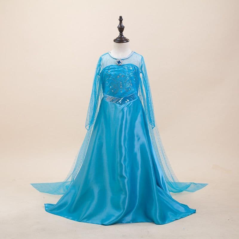 Elsa Princess Dress with Veil Long Sleeve Girls Performance Gown Elsa Long Crown Set