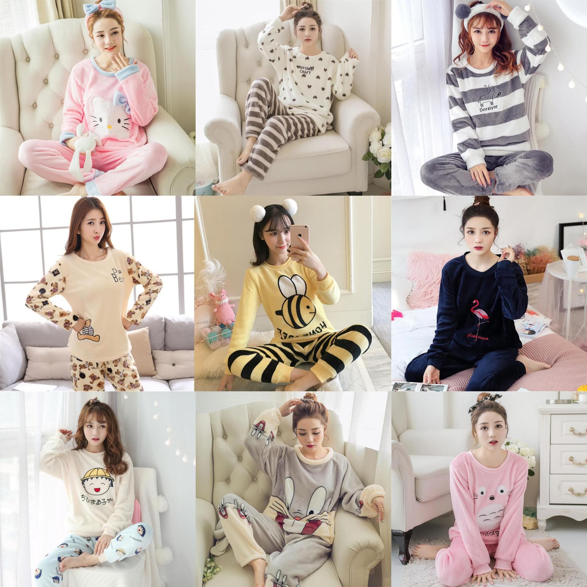 Winter New Women's Student Pajamas, Fleece-Lined and Thickened, Warm and Cute Cartoon Flannel Homewear