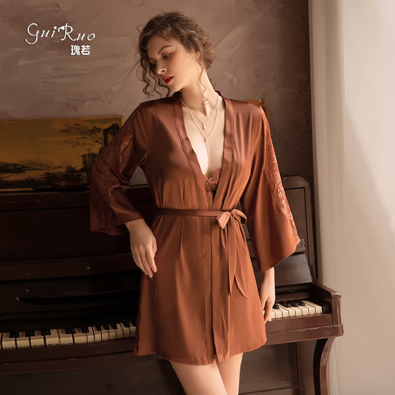 Guiruo Brand Silk Satin Camisole Nightgown Long Sleeve Tie Robe Bathrobe Loungewear Women's Set 780