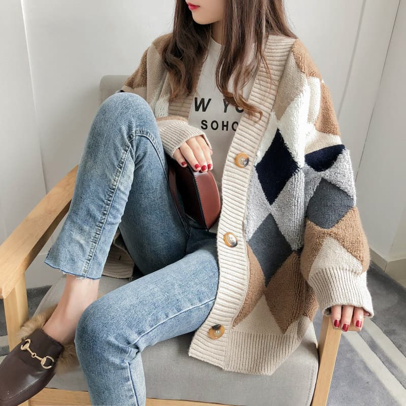 Cross-border 2025 Fall Plus Size Cardigan Sweater for Women, Mid-Length Diamond Pattern Loose Lazy Style Thick Knitwear