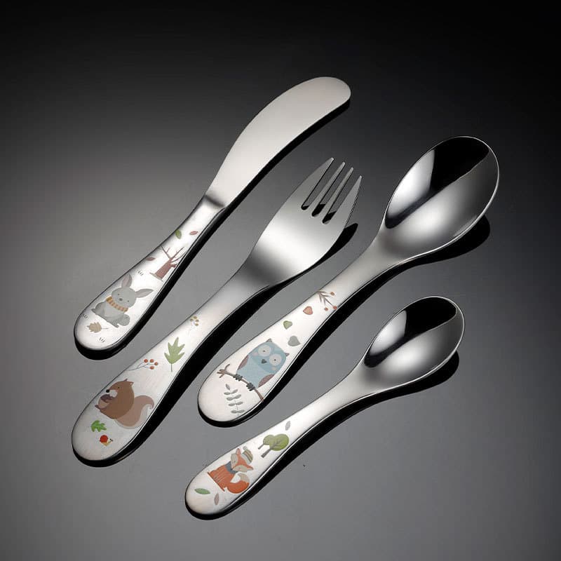 Aien Children's Cutlery Set - 304 Stainless Steel Cartoon Western Tableware, Kindergarten Student Steak 4-Piece Set with Roasted Pattern