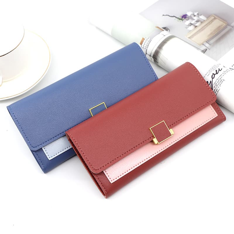 New style women's wallet, patchwork leather, solid color, simple long tri-fold, checkered clutch, coin purse, wallet.