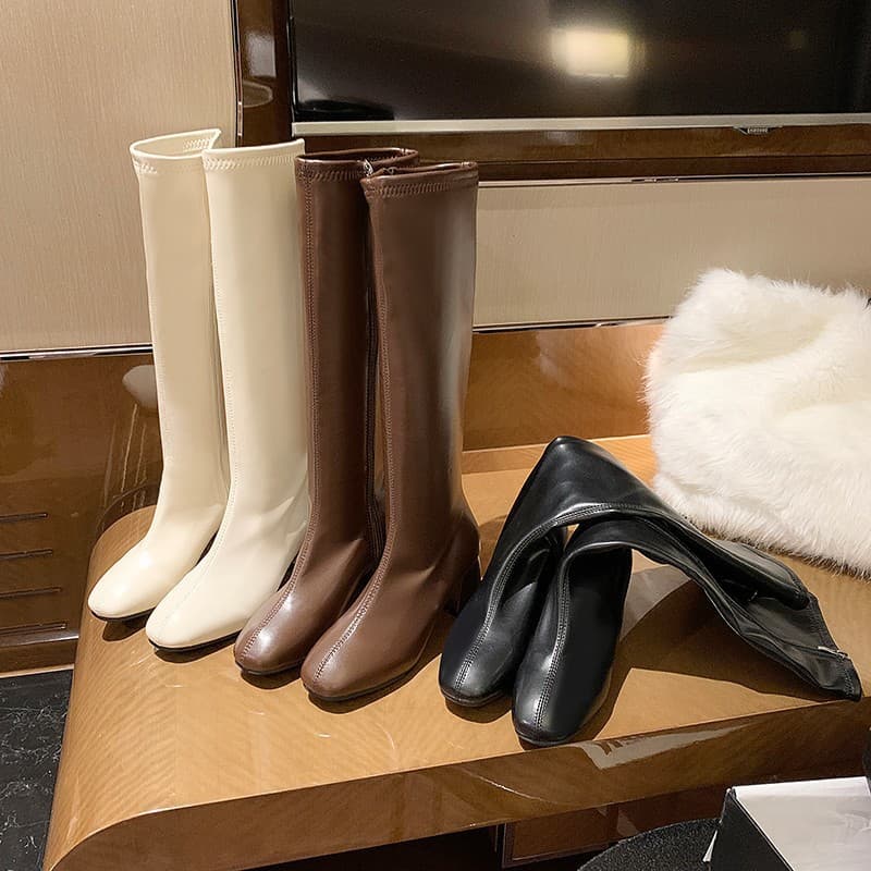 British Style Knight Boots Women Autumn Martin Boots Slim Square Toe High Heel Chunky Heel High Tube Boots Straight Boots Not Over Knee Long Boots