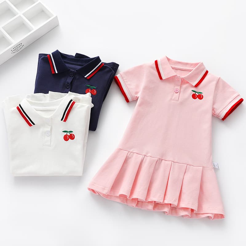 Children's Clothing Girls' Skirt Baby Girl's Western Style Polo Embroidered Clothes Skirt Small and Medium Children's Cotton Pleated Short Sleeve Dress