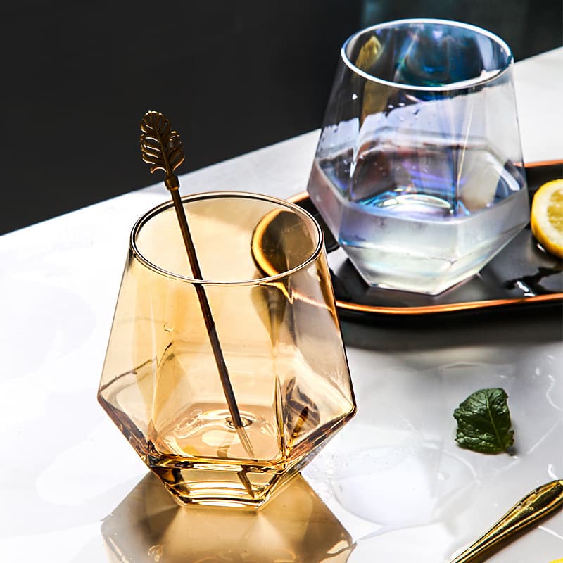 Creative Gold-Rimmed Hexagonal Glass Diamond Cup, Household Geometric Resistant Cup, Whiskey Red Wine Glass