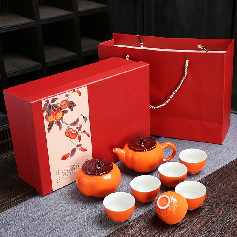Persimmon Tea Set Wedding Return Gift Business Souvenir Gift Set Red Persimmon Tea Canister with Logo