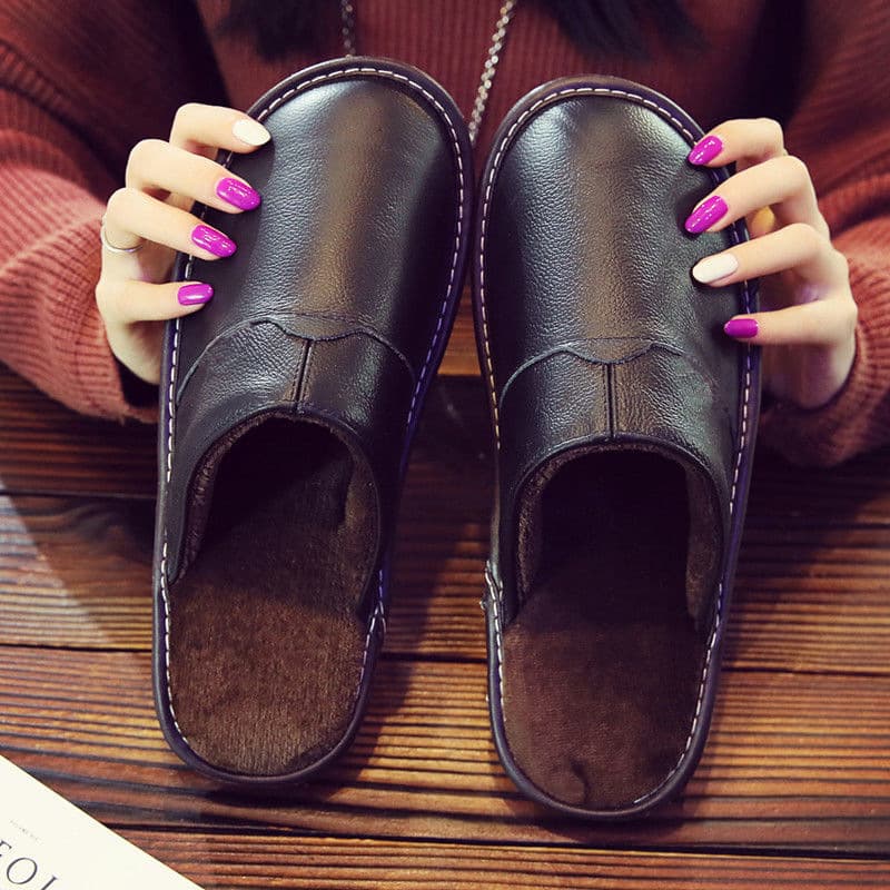 Haining Cotton Slippers Autumn/Winter Men Women Thick Sole Waterproof Anti-Slip Warmth Cowhide Slippers Household Couples Style Thickened