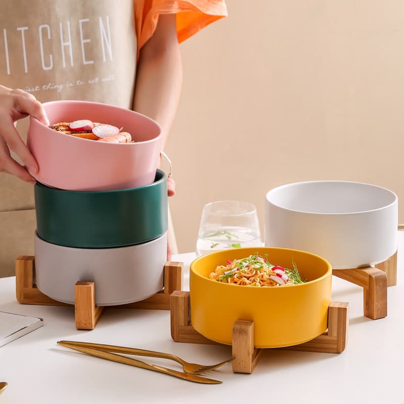 Cross-Border Tableware Wooden Stand Salad Bowl Noodle Bowl Key Holder Pet Bowl Wooden Stand Cat Bowl Ceramic Dog Bowl Double Bowl Water Bowl