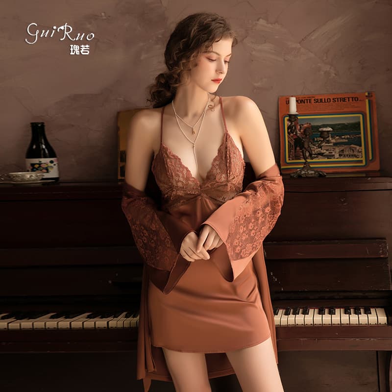 Guiruo Brand Women's Sexy Deep V Stitching Lace Sling Nightgown Lace Nightgown Lace Bathrobe Women's Home Clothes Set 780