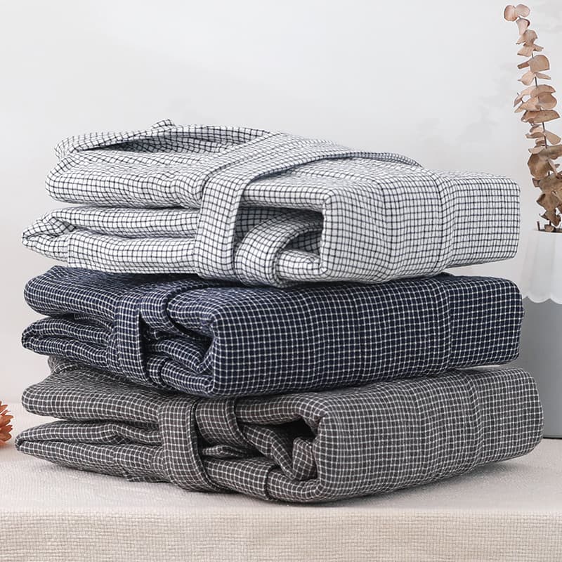 Bathrobe Simple Plaid Men's and Women's Autumn Winter Cotton Thickened Towel Nightgown Adult Long Absorbent Bathrobe