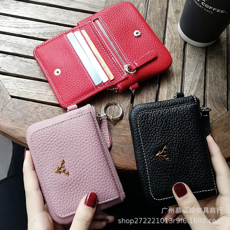 Korean Style Women's Genuine Leather Lychee Pattern Multi-Function Zipper Coin Purse, Fashionable Cowhide Snap Button Lanyard Small Coin Purse