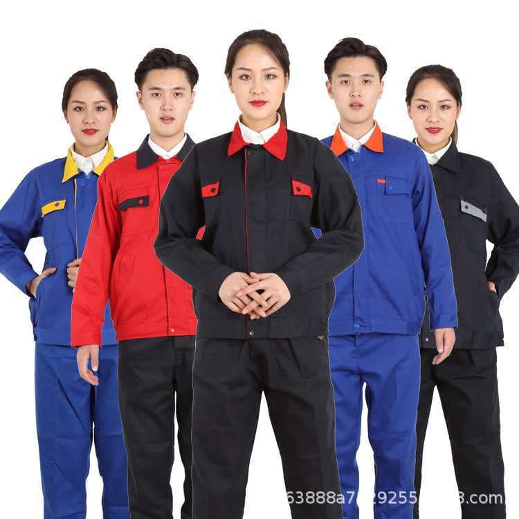 Canvas Red Collar Work Uniform, Yellow Collar Bright Red Blue Collar Spring/Autumn Long-Sleeve Auto Repair Labor Protection Clothing with Printed/Embroidered Logo