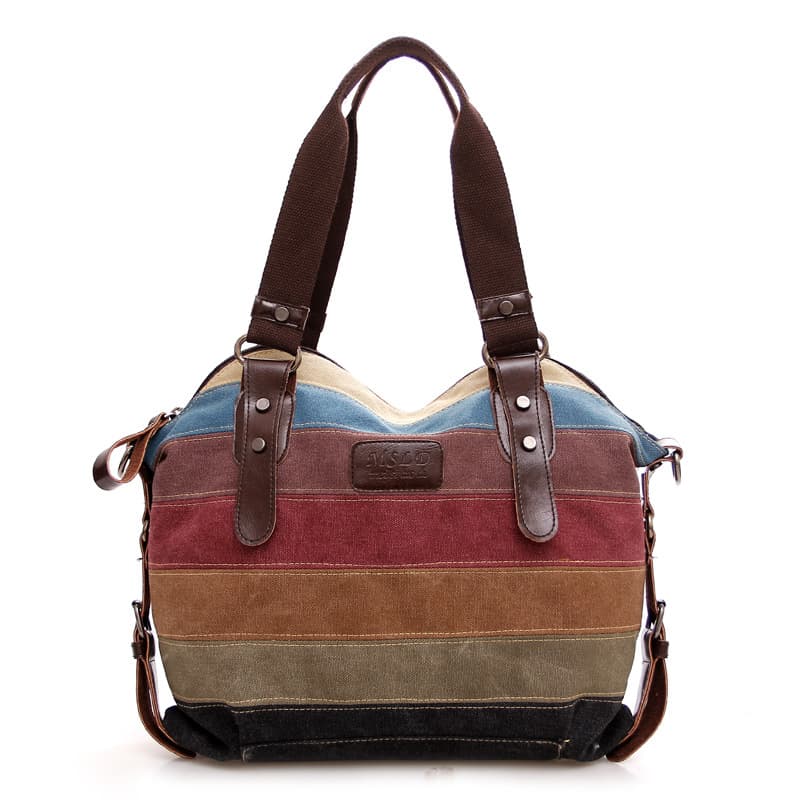 Factory direct sales canvas bag European and American trend rainbow striped canvas bag fashion stitching women's bag washed cloth bag